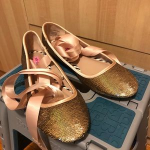 Betsey Johnson Gold Sequin Ballerina Tie-up Flats